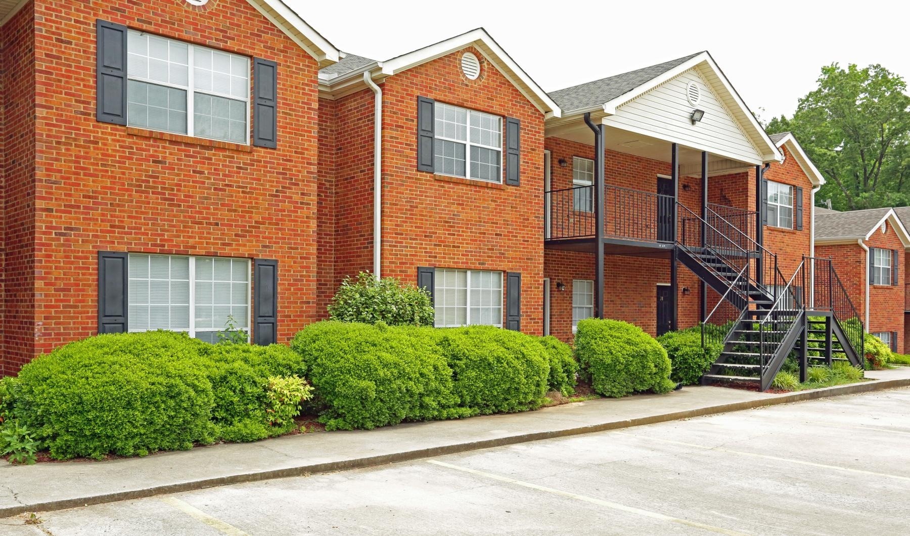 a brick building with a staircase